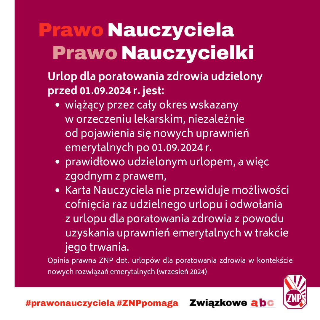 Prawo nauczyciela, opinia prawna ZNP dot. urlopów